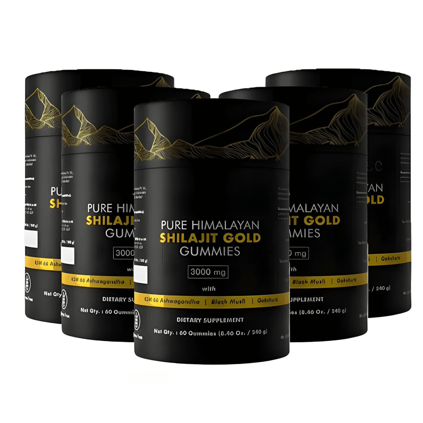 Pure Himalayan Shilajit Gold Gummies packaging showcasing 3000 mg in a 6-12 pack, promoting energy and focus.
