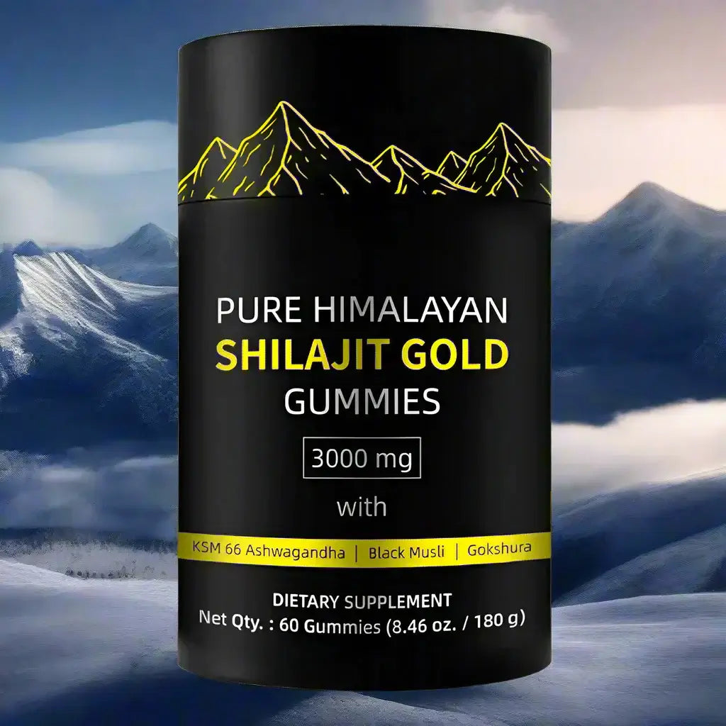 Calm Chew™ Pure Himalayan Shilajit Gold Gummies package featuring 3000 mg nutrient-rich formula for energy and balance.