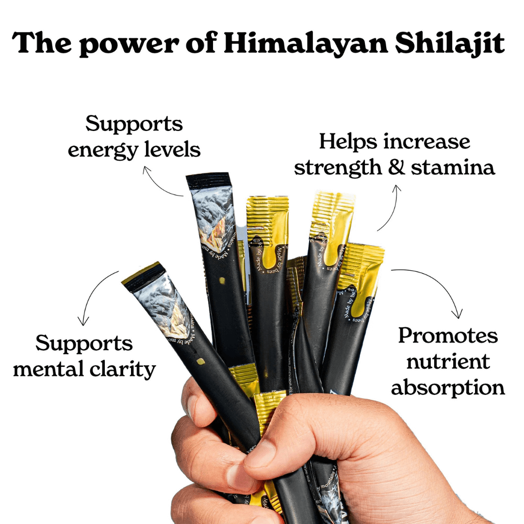 Hand holding Pure Shilajit Honey Sticks, highlighting benefits: energy support, strength increase, mental clarity, nutrient absorption.