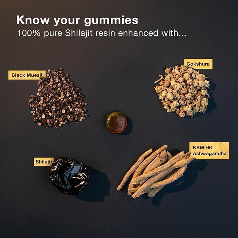 Ingredients for Calm Chew™ gummies: Black Muesli, Gokshura, Shilajit, and KSM-66 Ashwagandha for energy and focus.