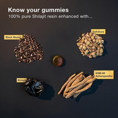 Ingredients for Calm Chew™ gummies: Black Muesli, Gokshura, Shilajit, and KSM-66 Ashwagandha for energy and focus.