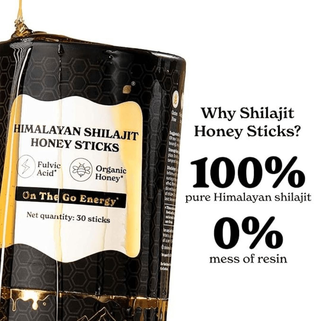 Pure Shilajit Honey Sticks packaging highlighting 100% Himalayan shilajit and 0% mess of resin, ideal for on-the-go energy.