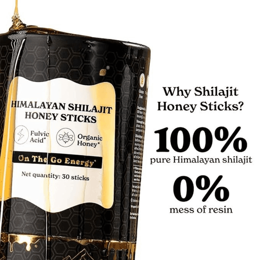 Pure Shilajit Honey Sticks packaging highlighting 100% Himalayan shilajit and 0% mess of resin, ideal for on-the-go energy.