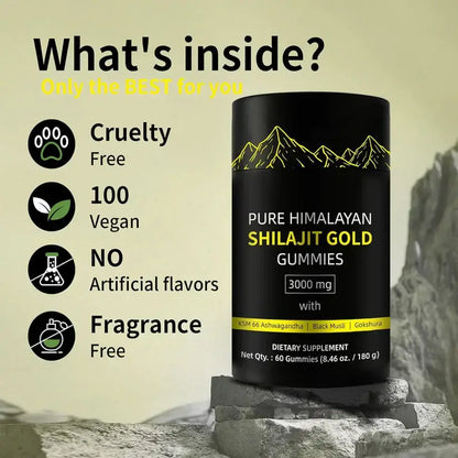 Pure Himalayan Shilajit Gold Gummies: vegan, cruelty-free, 3000 mg, no artificial flavors, 60 gummies per bottle.