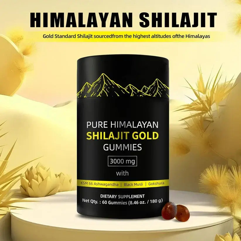 Pure Himalayan Shilajit Gold Gummies container with 3000 mg supplement, featuring natural ingredients for energy and balance.