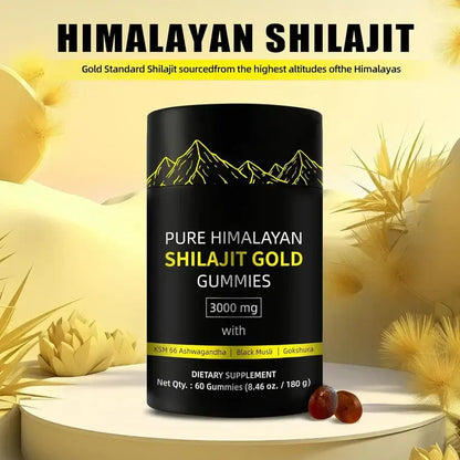 Pure Himalayan Shilajit Gold Gummies container with 3000 mg supplement, featuring natural ingredients for energy and balance.