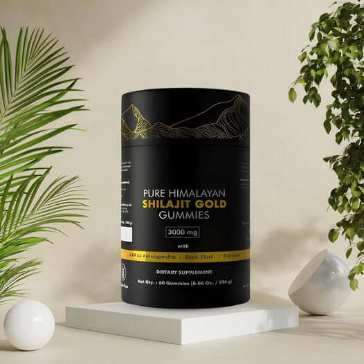 Pure Himalayan Shilajit Gold Gummies packaging with 3000mg of nutrients, set against a minimalistic backdrop.