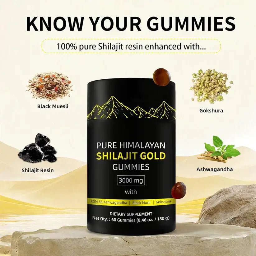 Pure Himalayan Shilajit Gold Gummies bottle with ingredients, including black muesli and ashwagandha, for energy support.