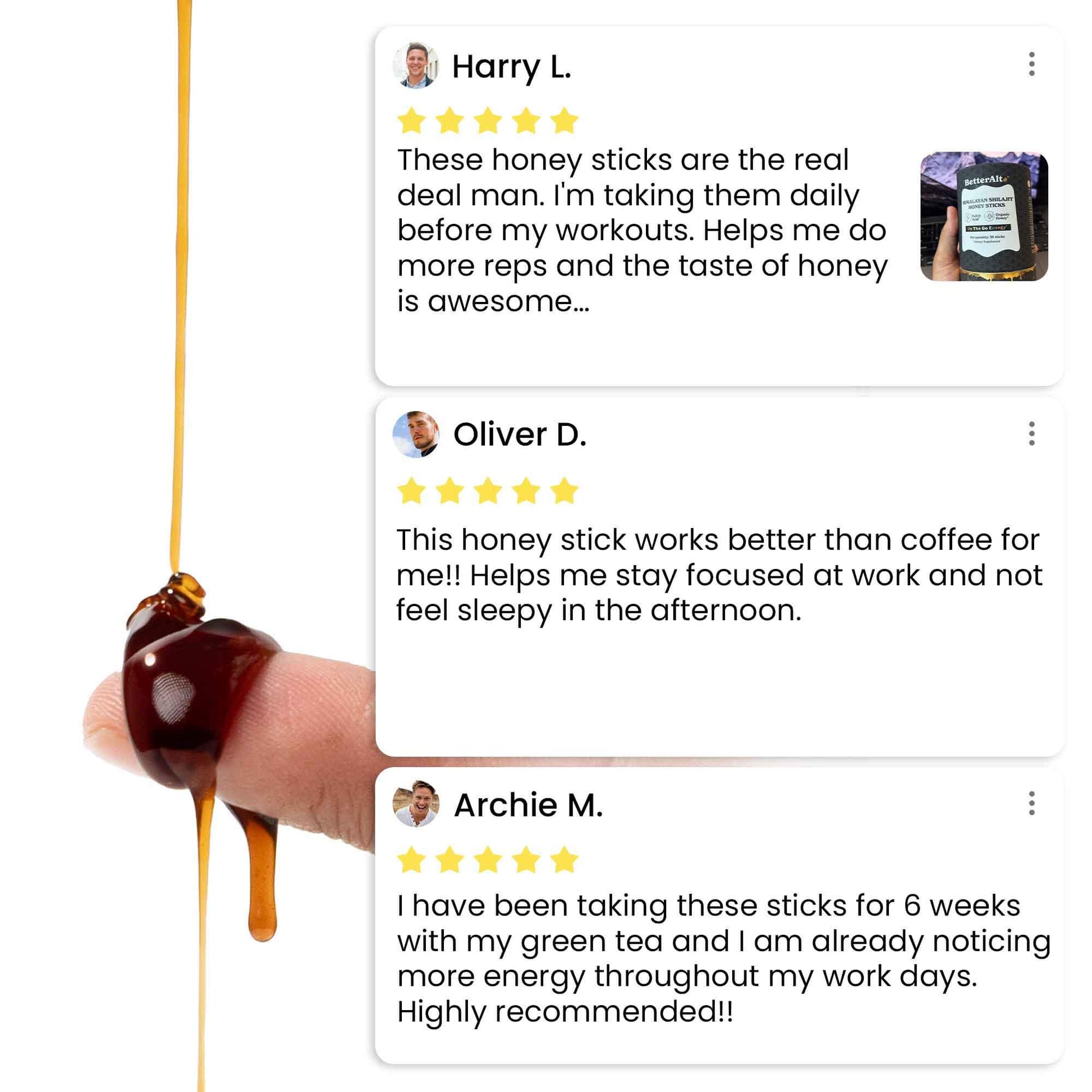 Pure Shilajit Honey Sticks dripping with positive reviews highlighting energy boost and workout benefits.