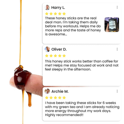 Pure Shilajit Honey Sticks dripping with positive reviews highlighting energy boost and workout benefits.