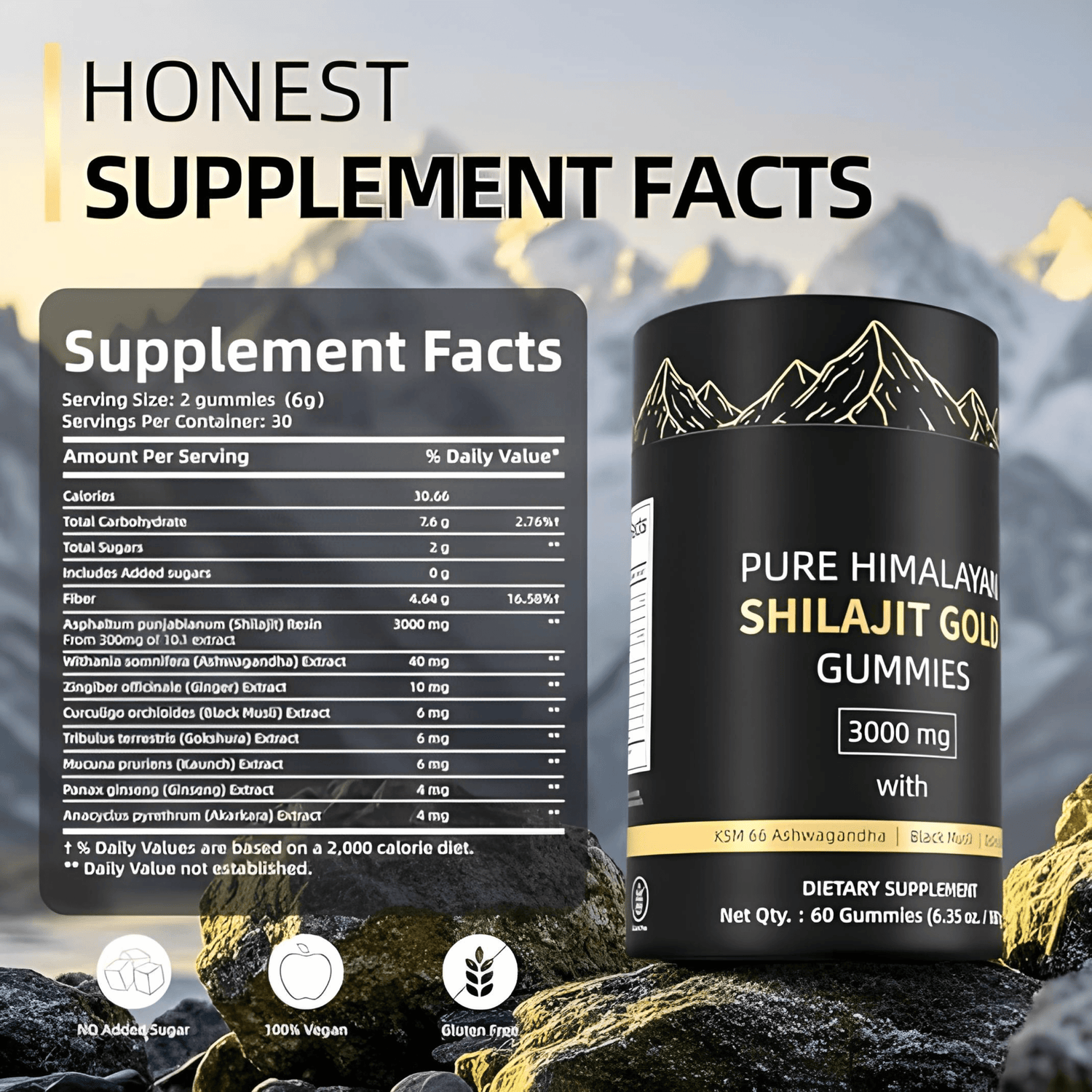 Supplement facts for Pure Himalayan Shilajit Gold Gummies, highlighting ingredients and nutritional information.