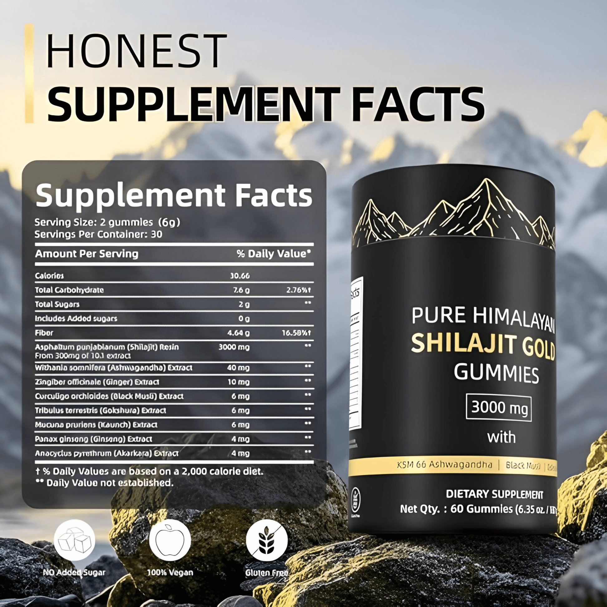 Supplement facts for Pure Himalayan Shilajit Gold Gummies, highlighting ingredients and nutritional information.