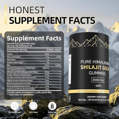 Supplement facts for Pure Himalayan Shilajit Gold Gummies, highlighting ingredients and nutritional information.